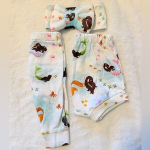 Mermaid Print Baby Outfit Bundle - Bow, Leggings, and Bubble Shorts
